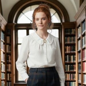 Allegra K White Swiss Dot Peter Pan Collar Blouse S Romantic Boho With Brooch